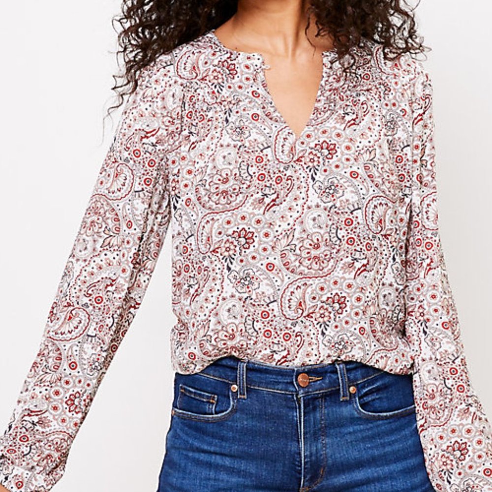 LOFT | Paisley Split Neck Mixed Media Top - Picture 2 of 3